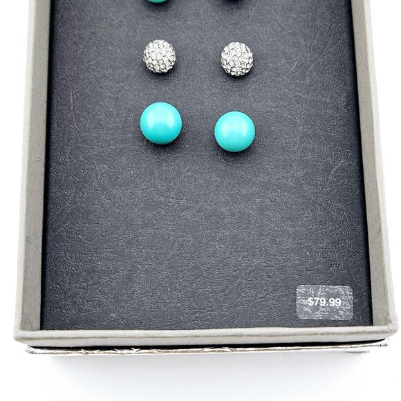 3 Pair Stud Earrings Gift Set Aqua Blue & Silver Crystal Sparkle Simple Posts - Picture 3 of 4